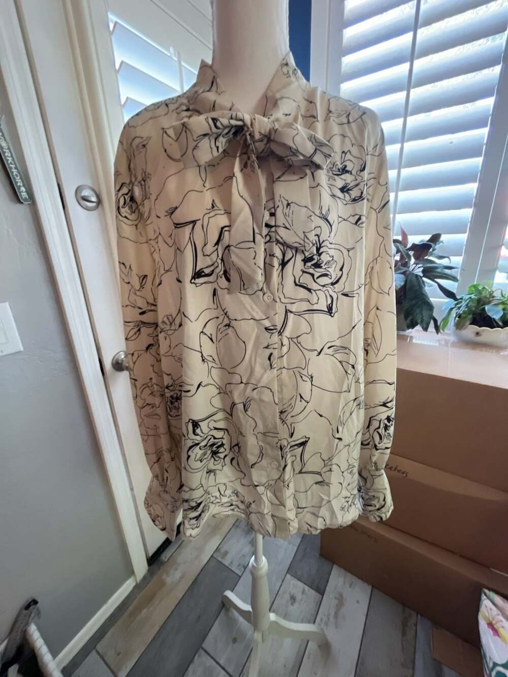 Floral Print Blouse Cream Black Tie Neck Long Sleeve